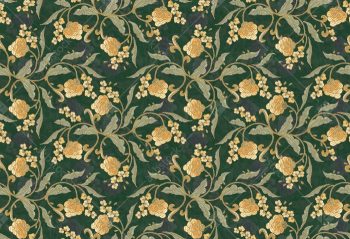 Emerald Green Floral Vine Seamless Pattern with Golden Blossom Motifs