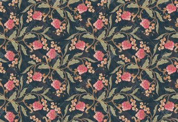 Midnight Teal Floral Vine Seamless Pattern with Pink Blossoms and Ornate Scroll Leaves