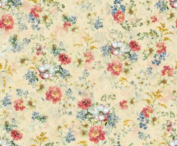 Soft Cream Watercolor Floral Seamless Pattern with Pastel Garden Blooms and Blue Sprigs