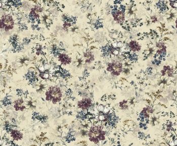 Antique Cream Watercolor Floral Seamless Pattern with Moody Plum Blooms and Blue Berry Sprigs