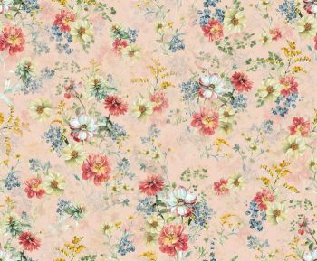 Blush Peach Watercolor Floral Seamless Pattern with Pastel Blooms and Blue Berry Botanicals