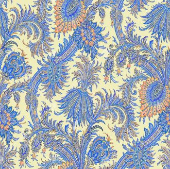 Cream Blue Ornamental Seamless Pattern with Intricate Feathered Paisley Plumes and Decorative Motifs