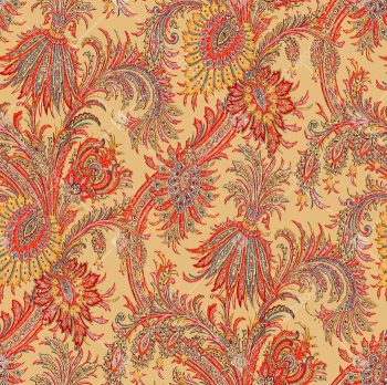 Golden Beige Ornamental Seamless Pattern with Red Feathered Paisley Plumes and Intricate Motifs