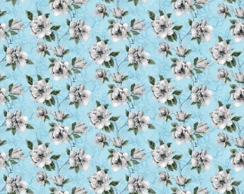 Sky Blue Floral Seamless Pattern with White Magnolia Blooms and Soft Botanical Line Background