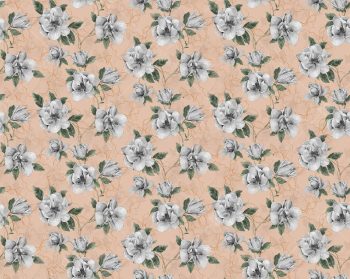Peach Beige Floral Seamless Pattern with White Magnolia Blooms and Soft Botanical Line Background