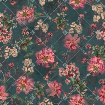 Dark Teal Vintage Floral Seamless Pattern with Pink Garden Blooms and Soft Botanical Clusters