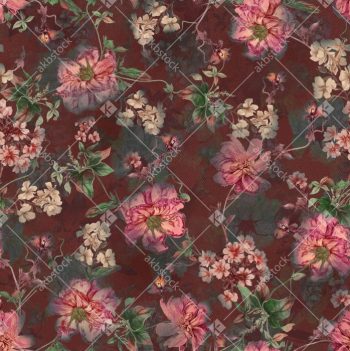 Deep Maroon Vintage Floral Seamless Pattern with Pink Garden Blooms and Soft Botanical Clusters