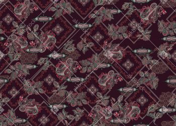 Deep Magenta Geometric Seamless Pattern with Ornate Paisley Motifs and Decorative Medallion Frames