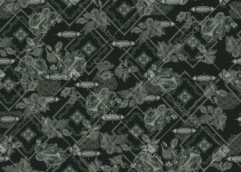 Deep Forest Green Geometric Seamless Pattern with Ornate Paisley Motifs and Decorative Medallion Frames