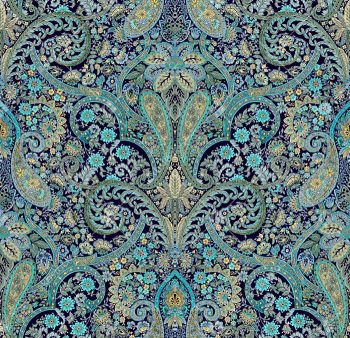 Navy Turquoise Ornate Paisley Seamless Pattern with Intricate Floral Scrollwork and Vintage Detailing