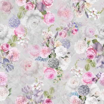 Pastel Garden Floral Seamless Pattern with Pink Roses White Peonies Iris Blooms and Soft Botanical Layers
