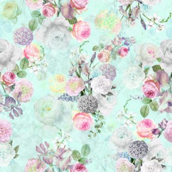 Mint Aqua Pastel Garden Floral Seamless Pattern with Pink Roses White Peonies Iris Blooms and Soft Botanical Layers