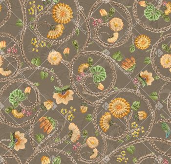 Embroidered Rope Swirl Floral Seamless Pattern with Vintage Botanical Motifs on Warm Taupe Background