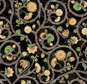 Black Embroidered Rope Swirl Floral Seamless Pattern with Vintage Botanical Motifs and Rich Artisan Texture