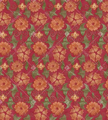 Maroon Ethnic Floral Vine Seamless Pattern with Ochre Blockprint Flowers Green Leaves and Handcrafted Texture