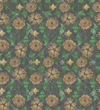 Charcoal Grey Ethnic Floral Vine Seamless Pattern with Ochre Blockprint Flowers Green Leaves and Handcrafted Texture