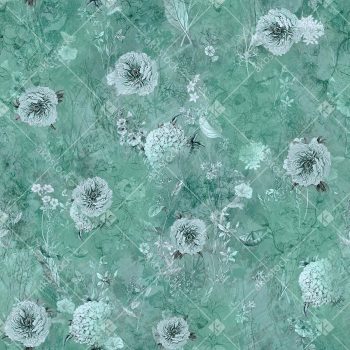 Mint Teal Vintage Botanical Seamless Pattern with Cream Blossoms Fine Linework and Soft Textured Background