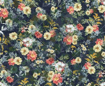 Midnight Navy Wildflower Seamless Pattern with Coral Yellow Blossoms Delicate Botanicals and Meadow Garden Look