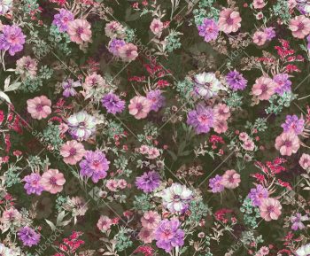 Dark Olive Wildflower Seamless Pattern with Pink Purple Blossoms Delicate Botanicals and Meadow Garden Look