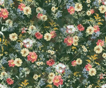 Forest Green Wildflower Seamless Pattern with Coral Yellow Blossoms Delicate Botanicals and Meadow Garden Look