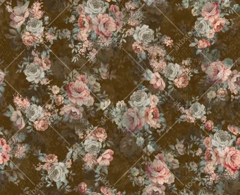 Warm Coffee Brown Vintage Floral Seamless Pattern with Peach Roses Soft Botanicals and Elegant Layered Bouquet Design