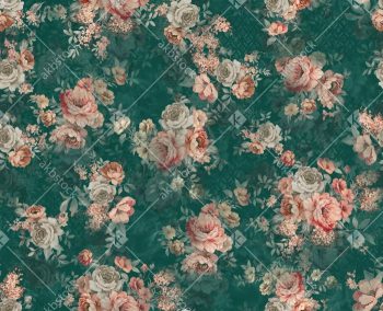 Deep Teal Vintage Floral Seamless Pattern with Peach Roses Soft Botanicals and Elegant Layered Bouquet Design
