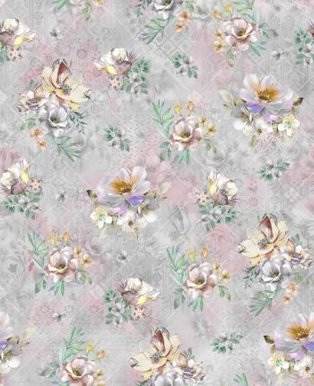 Silver Grey Watercolor Floral Seamless Pattern with Soft Bouquets Pastel Blossoms and Light Ethnic Texture Background