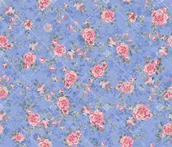 Periwinkle Blue Floral Seamless Pattern with Pink Dahlia Blooms Rose Buds and Soft Botanical Layered Background
