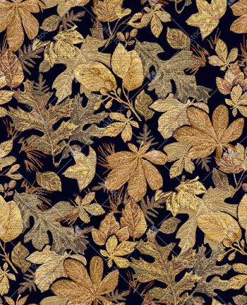 Midnight Navy Gold Leaf Seamless Pattern with Autumn Foliage Silhouettes and Woven Metallic Texture Look