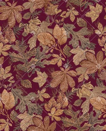 Wine Maroon Gold Leaf Seamless Pattern with Autumn Foliage Silhouettes and Woven Metallic Texture Look