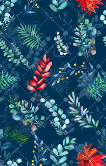 Tropical Watercolor Foliage Seamless Pattern on Deep Midnight Blue