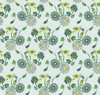 Stylized Folk Floral Seamless Pattern in Soft Blue Green and Yellow