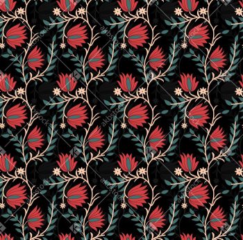 Bold Floral Seamless Pattern in Red Teal and Black Contrast