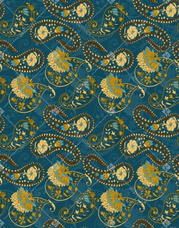 Midnight Teal Paisley Floral Seamless Pattern with Mustard Bloom Motifs