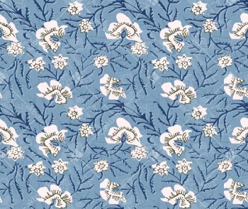 Sky Blue Floral Vine Seamless Pattern with Ivory Blossoms and Leafy Botanicals