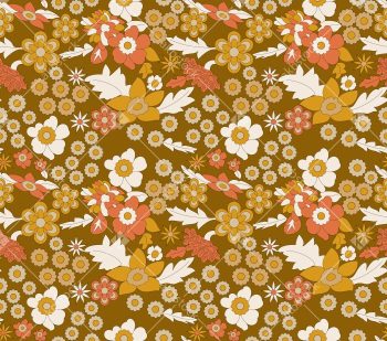 Retro Mustard Floral Seamless Pattern with Cream Daisies and Peach Blossoms