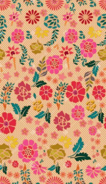 Vintage Meadow Floral Seamless Pattern with Coral Blooms and Teal Leafy Sprigs