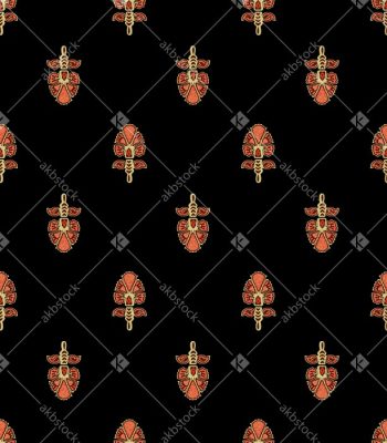 Midnight Folk Buta Seamless Pattern with Ember Orange Ornamental Motifs