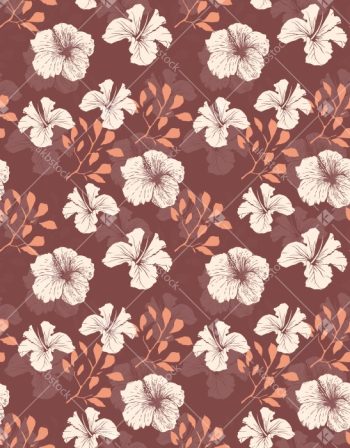 Rust Brown Tropical Floral Seamless Pattern with Hibiscus and Leaf Sprigs