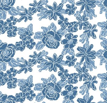 Blue Botanical Floral Seamless Pattern with Rose and Stylized Bloom Motifs