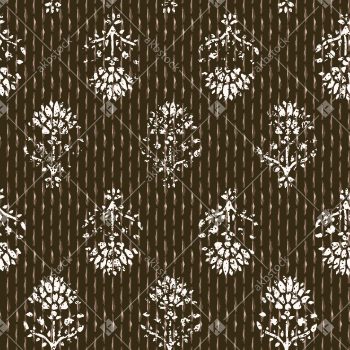 Dark Teal Floral Seamless Pattern with Vertical Stripes and Buta Motifs