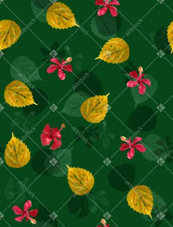 Tropical Hibiscus and Autumn Leaf Seamless Pattern on Deep Green Ground