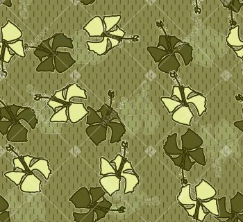 Olive Hibiscus Seamless Pattern with Stylized Tropical Floral Motifs