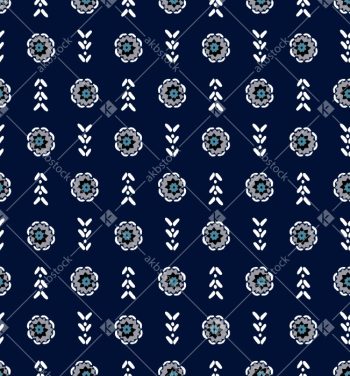 Navy Blue Buti Seamless Pattern with Floral Medallions and Leaf Sprigs