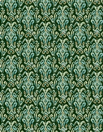 Ornamental Ikat Inspired Seamless Pattern with Deep Green Ground and Stylized Ethnic Motifs
