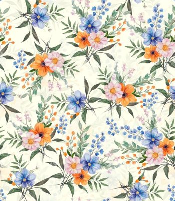 Delicate Watercolor Floral Seamless Pattern with Soft Blue Orange and Pink Botanical Sprigs