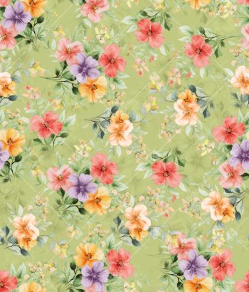 Soft Watercolor Floral Seamless Pattern with Coral Peach and Lavender Blossoms on Green Ground