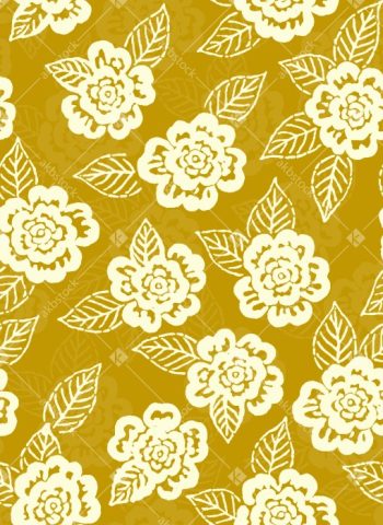 Hand Drawn Floral Seamless Pattern with Cream Blossom Motifs on Mustard Background