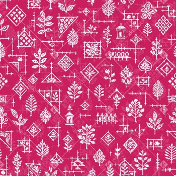 Folk Botanical Seamless Pattern with White Tribal Motifs on Vibrant Pink Background