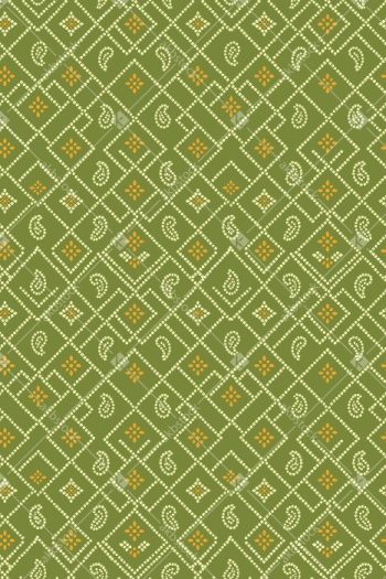 Bandhani Paisley Seamless Pattern with Olive Green Ground and Dotted Diamond Motifs